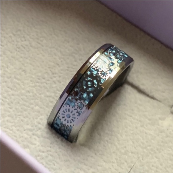 8mm Tungsten Carbide Gear Wheel Blue Carbon Fiber Inlay Mens Ring - Picture 11 of 11